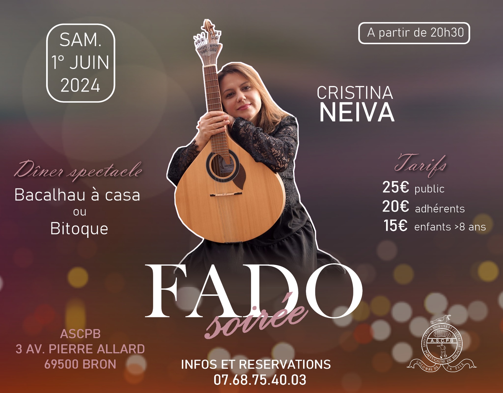 Noite de Fado com Fadista Cristina Neiva - 01/06/2024 - 20H30, na Sede ASCPB Bron